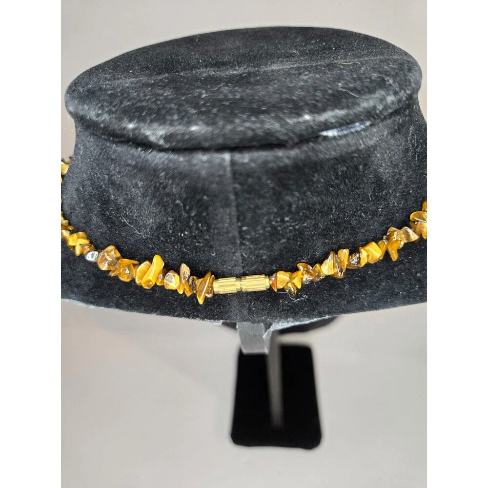 Tiger's Eye Chip Necklace Gold Tone Barrel Clasp